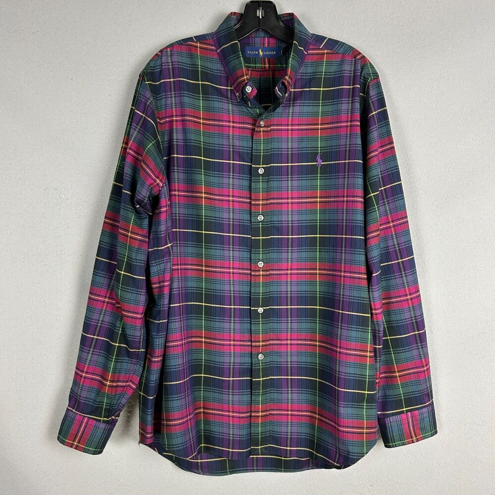 Ralph Lauren Mens Plaid Button Down Shirt Large Preppy Purple Green Classic Fall